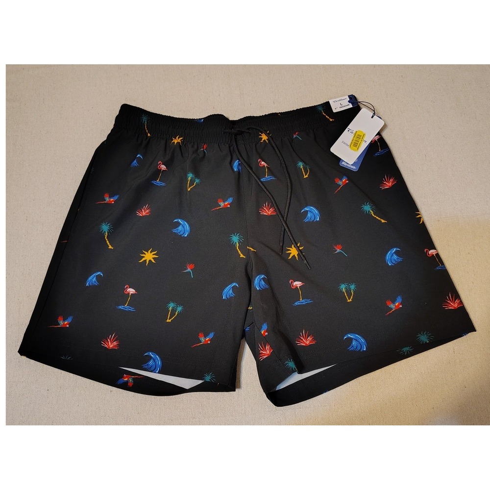 Caribbean Swimwear Men's Black Tropical Flamingo Parrot  Swim‎ Trunks Size L DD
